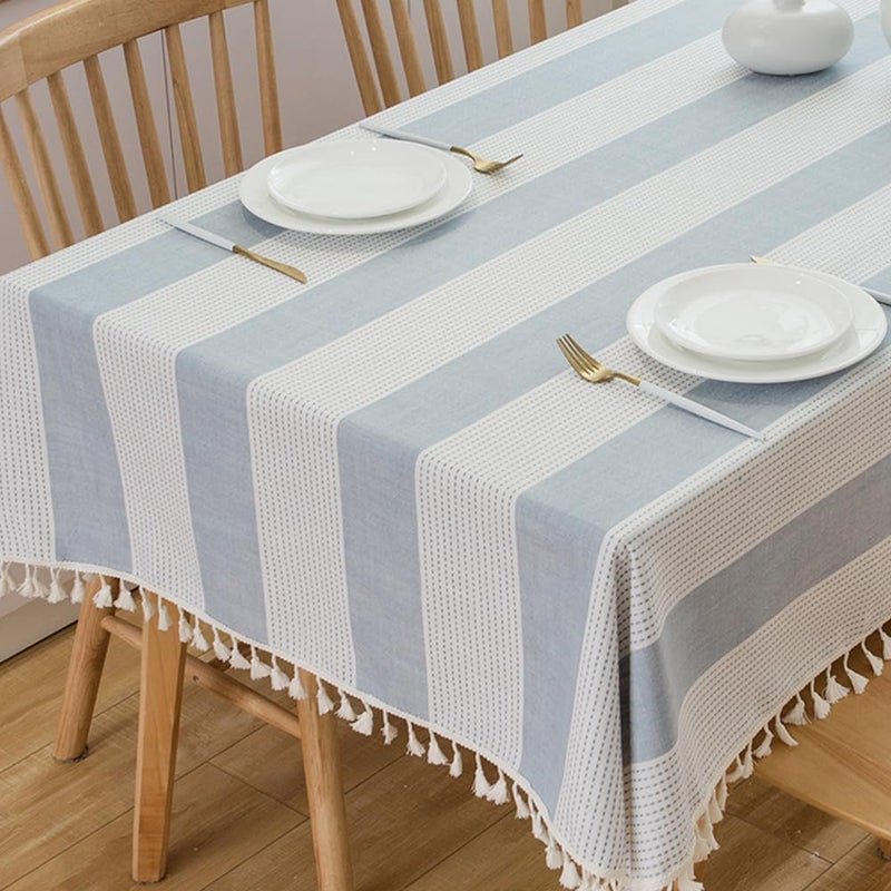 TruDelve Cloth Tablecloths Blue and White Striped Rectangular Tablecloth Oblong Cotton Tablecloths 8 Foot Table Cloths for Rectangle Tables (98"x55", Blue) - Image 1